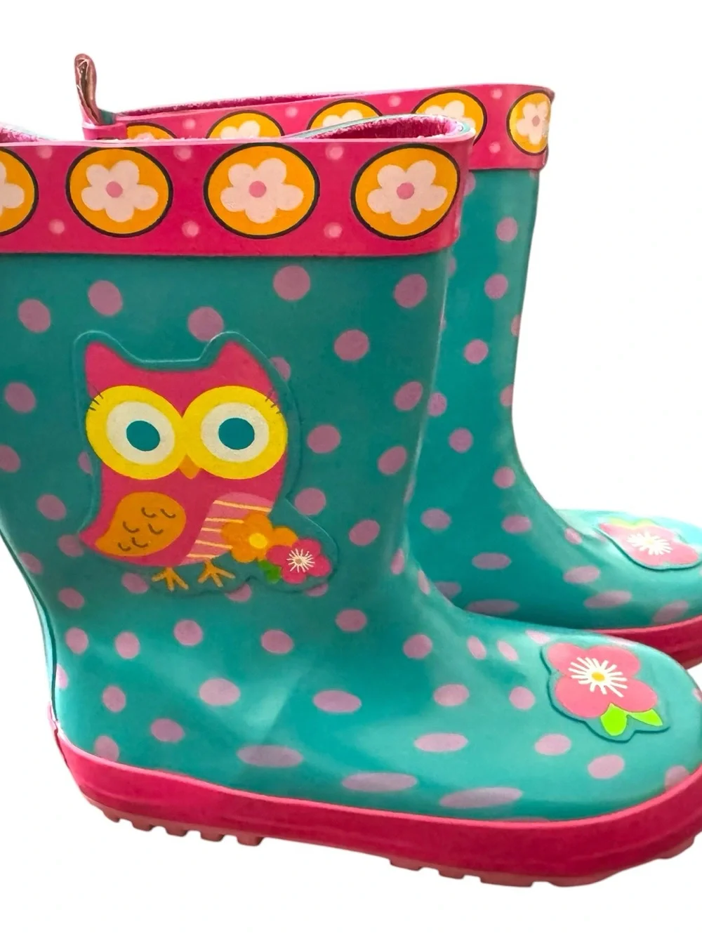 Stephen Joseph Kids Teal Pink Polka Dot Rain Boots with Owl Flowers Childs 12